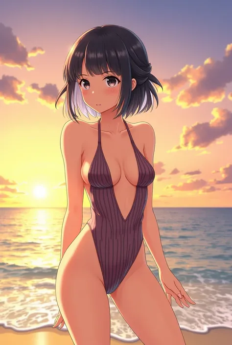 masterpiece, best quality, ultra-detailed, illustration,, hanekawashorthair, 1girl, full body, , black eyes, multicolored hair, black hair, white hair,, swimsuit,, detailed background, mksts style, beach, sunset,