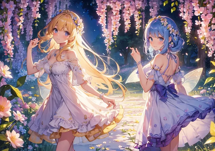 A beautiful girl dancing with flower fairies in a fairy tale worldA
beautiful girl is walking through a flower field, dancing with the flower fairies. Her dress is soft like a petal, and her hair is decorated with flower accessories. Colorful flowers are b...