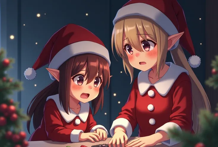 HD, high quality, best quality, highres, 4k, christmas, 2 elf girls, crying with eyes open, making toys, BREAK, ((on the right: elf girl, maroon hair, hair between eyes, straight hair, christmas costume, christmas hat, crying with eyes open, sad )) BREAK, ...