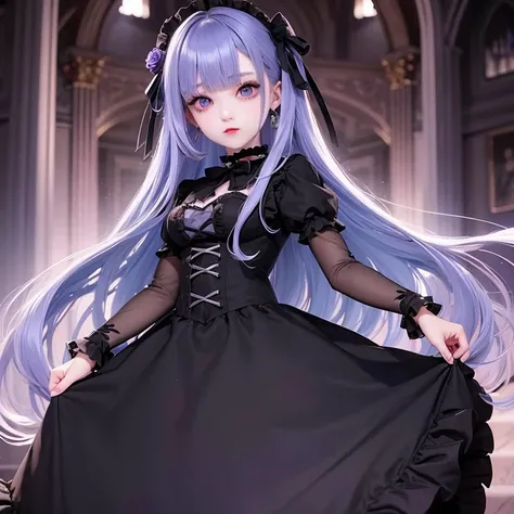 blue gold hair, long dark eyeliner ,   purple eyes,   doll face   ,   red ribbon  , black gothic lolita dress, long skirt ,