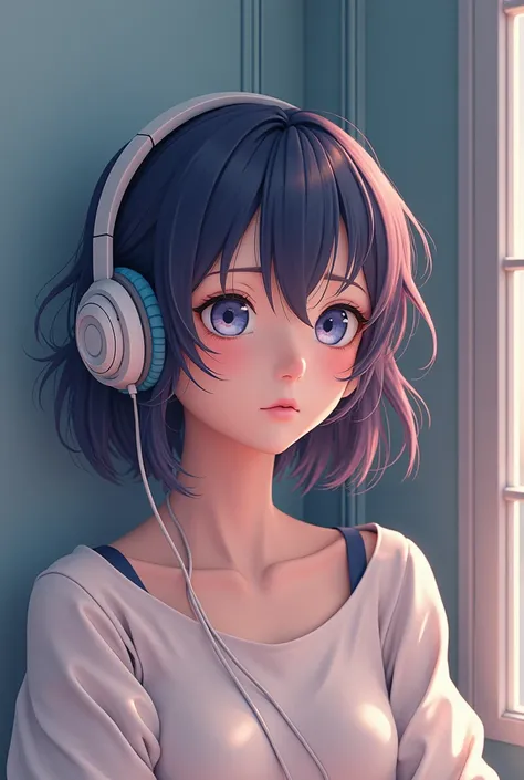  Create a hyper-realistic photo about "Anime listening to music "