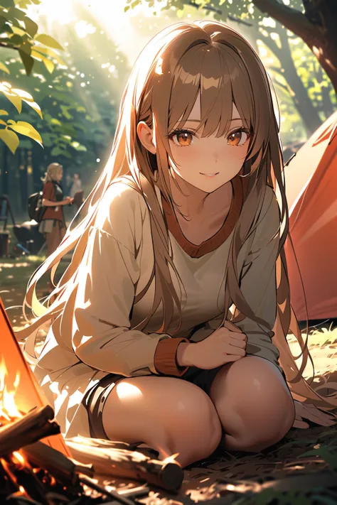 1 girl, (focused expression), teenager, various hairstyles, (long loose hair:1.2), (medium breasts), agile build, (wearing practical camping attire), knee length, (setting up a tent:1.4),  
BREAK  
forest clearing, (gathering supplies:1.3), (campfire pit n...