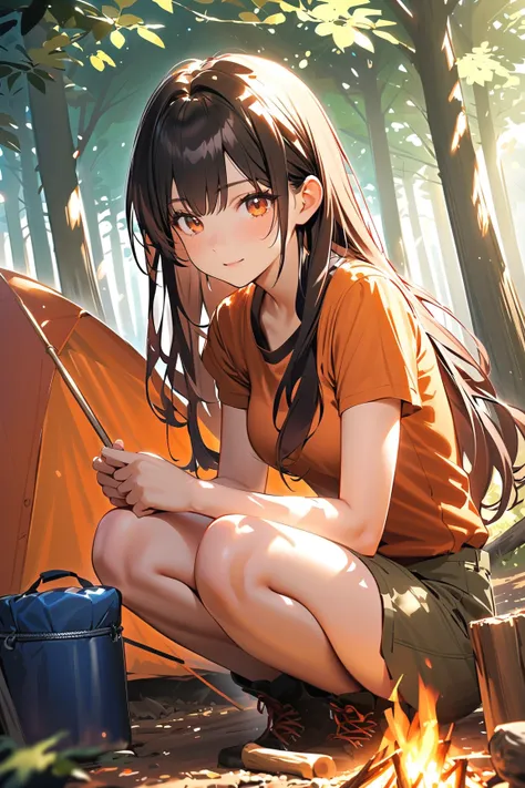 1 girl, (focused expression), teenager, various hairstyles, (long loose hair:1.2), (medium breasts), agile build, (wearing practical camping attire), knee length, (setting up a tent:1.4),  
BREAK  
forest clearing, (gathering supplies:1.3), (campfire pit n...