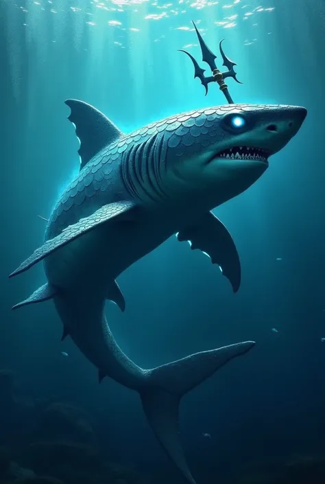 "Same glowing underwater scene. The hybrid ‘Shark Storm’ appears: a massive shark with armored scales that shimmer like metal, glowing fins resembling blades, and eyes that emit a faint blue light. The trident is now part of its dorsal fin, symbolizing its...