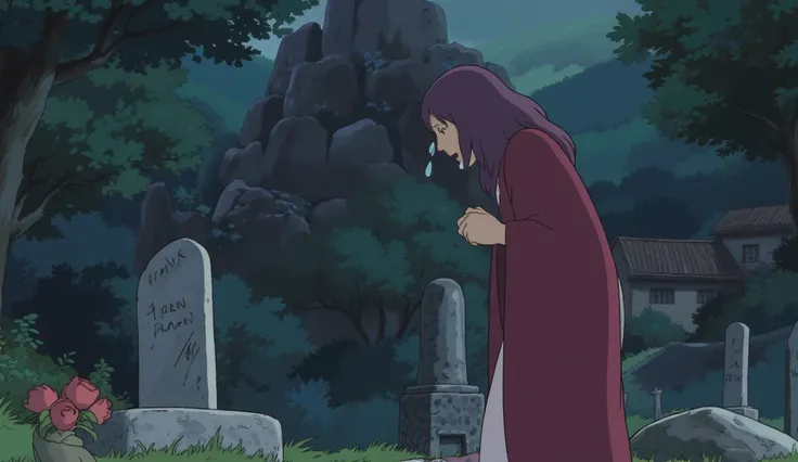 a witch holding back tears in front of her grave, a beautiful witch, a purple-haired witch, fairytale, , a sad but bearable face, Beautiful scenery, the Middle Ages, Low angle, glossy hair, standing up