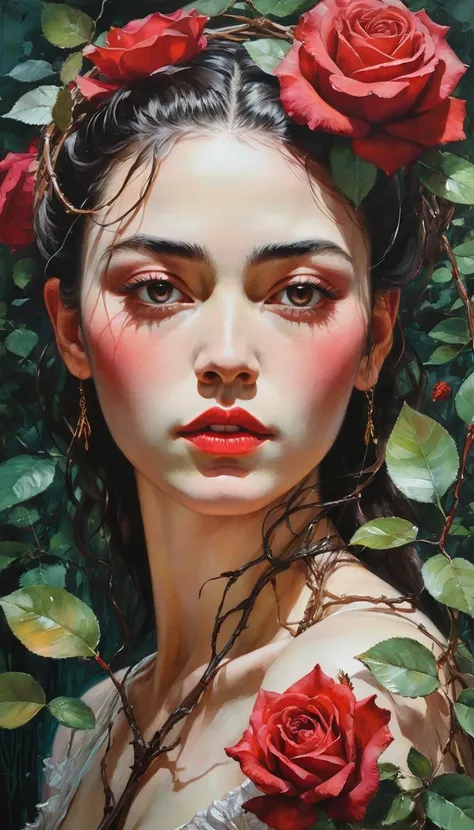 A breathtaking and surreal representation of a red rose , merging the vibrant naturalism of Zeng Fanzhi, the intricate elegance of Antonio Mancini, the fluid dreaminess of Agnes Cecile, the refined realism of Édouard Manet, and the evocative artistry of Fr...