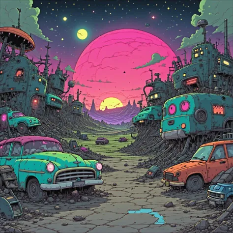 Rick and Morty junkyard scene landscape, vibrant colors, chaotic and eclectic, science fiction elements, detailed vehicles and gadgets, whimsical characters, cartoon style, digital art, high resolution, dynamic composition, by Justin Roiland and Dan Harmon...