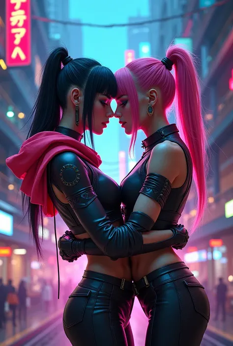 A cyberpunk style clothing lovers holding each other in a cyberpunk scenary with many neon lights 