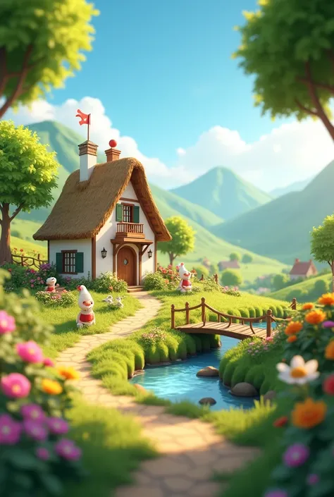 In cenemetic 3D cartoon style "A peaceful village with a small cottage in the background. The scene should evoke warmth and tranquility.