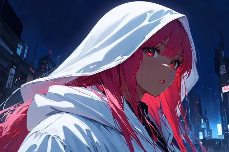 (masterpiece, best quality:1.2), 1 girl, alone, tanned skin, gyaru woman, eyeliner, veil, cloth face mask, detailed beautiful glistening red eyes, zip-up hoodie over head, night time, (from below: 1.1), shadow over face