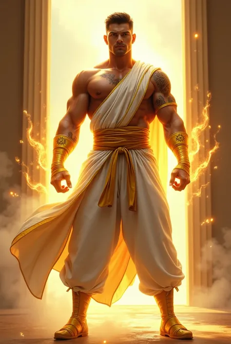 A powerful male superhero with a muscular, martial artist build (60", 200 lbs), standing confidently in a glowing, serene environment. His short, neat black hair is complemented by warm golden eyes, exuding wisdom, empathy, and a calm intensity. His outfit...