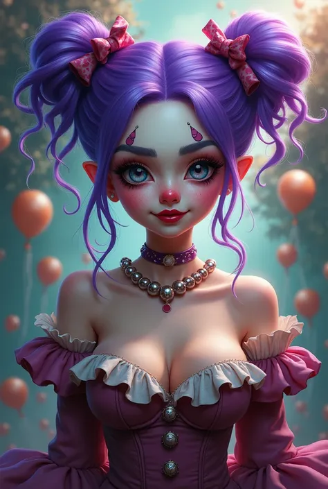 Clown girl with purple hair and big boobs