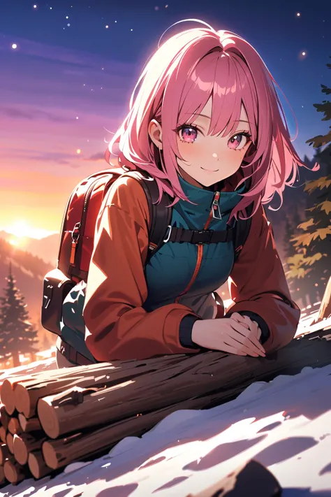 1 girl, (determined smile), young adult, various hairstyles, (medium-length hair:1.2), (small breasts), fit physique, (wearing rugged travel clothes), thigh high length, (collecting firewood:1.4),  
BREAK  
mountain campsite, (preparing for a night under s...