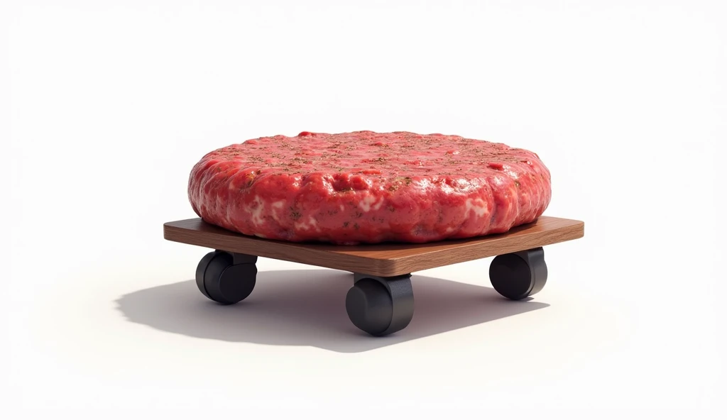 Illustration dun steak haché sur des roulettes. Sur fond blanc. On ne doit voir que le steak haché et les roulettes. 