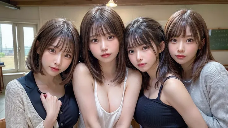 ((masterpiece)), ((best quality)), (ultra-detailed), ((extremely detailed)), 4K, (8k), best quality, (beautiful), realistic, real, dynamic angle, full body, full body focus, school, (3girls, 3 cute girls:1.3), miniskirt, beautiful brown eyes, ((beautiful e...