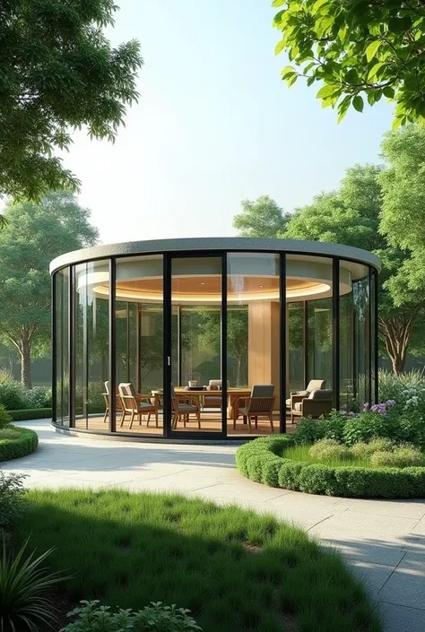 One floor circular glass building inside a park for coworking space