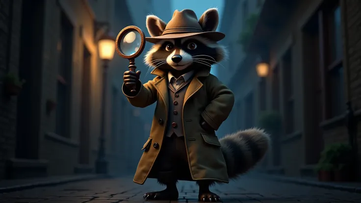 Envision a 3D raccoon dressed as a detective, with a hat, trench coat, and a magnifying glass, looking curious and ready to solve mysteries.