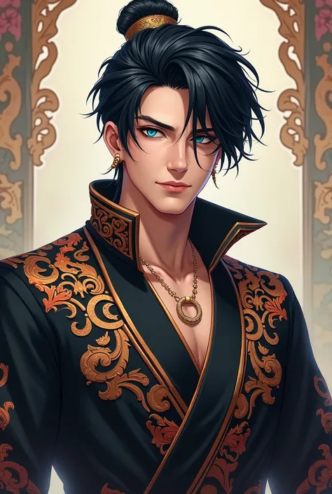 Anime man black hair blue eyes wearing Ayutthaya costume