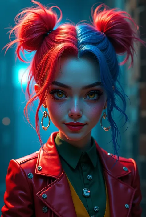 Joker teen women with red+blue double bun hair