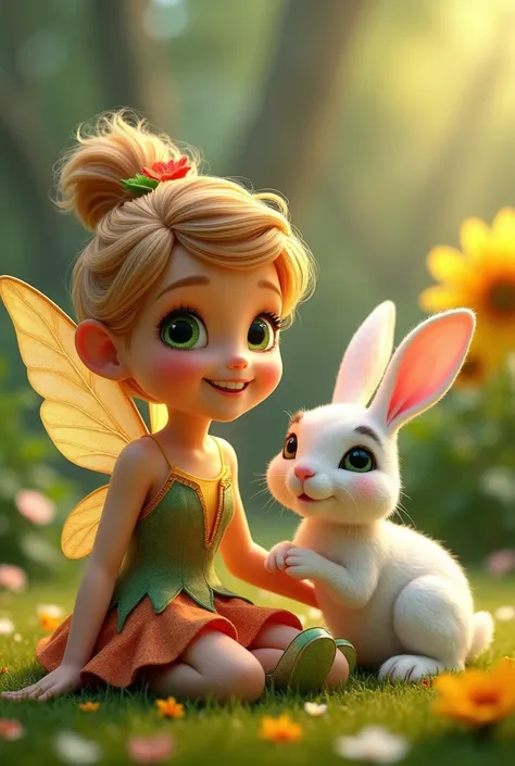 . **The flower fairy with innocent, charming big green eyes, a colorful short frock, and glass shoes sitting together with the rabbit in the Pixar cartoon-style garden, smiling and enjoying their friendship.**