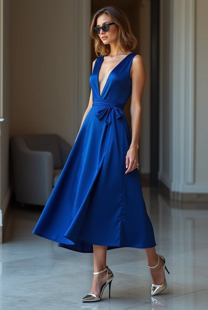 Satin midi dress in cobalt blue with metallic heels