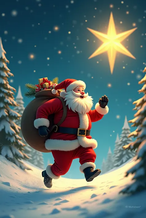 A Santa Claus running towards the star 
