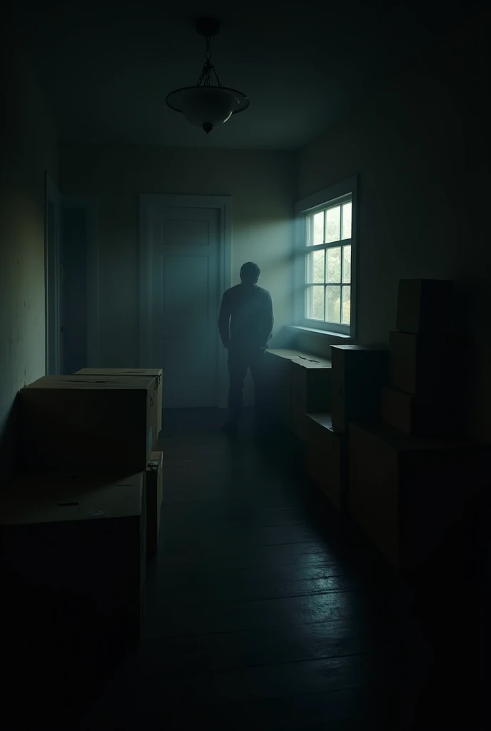 "A dimly lit apartment with moving boxes scattered around. A faint silhouette stands in the dark corner by a window, barely visible, surrounded by shadows. The atmosphere is eerie, with a flickering lamp casting uneven light on the walls