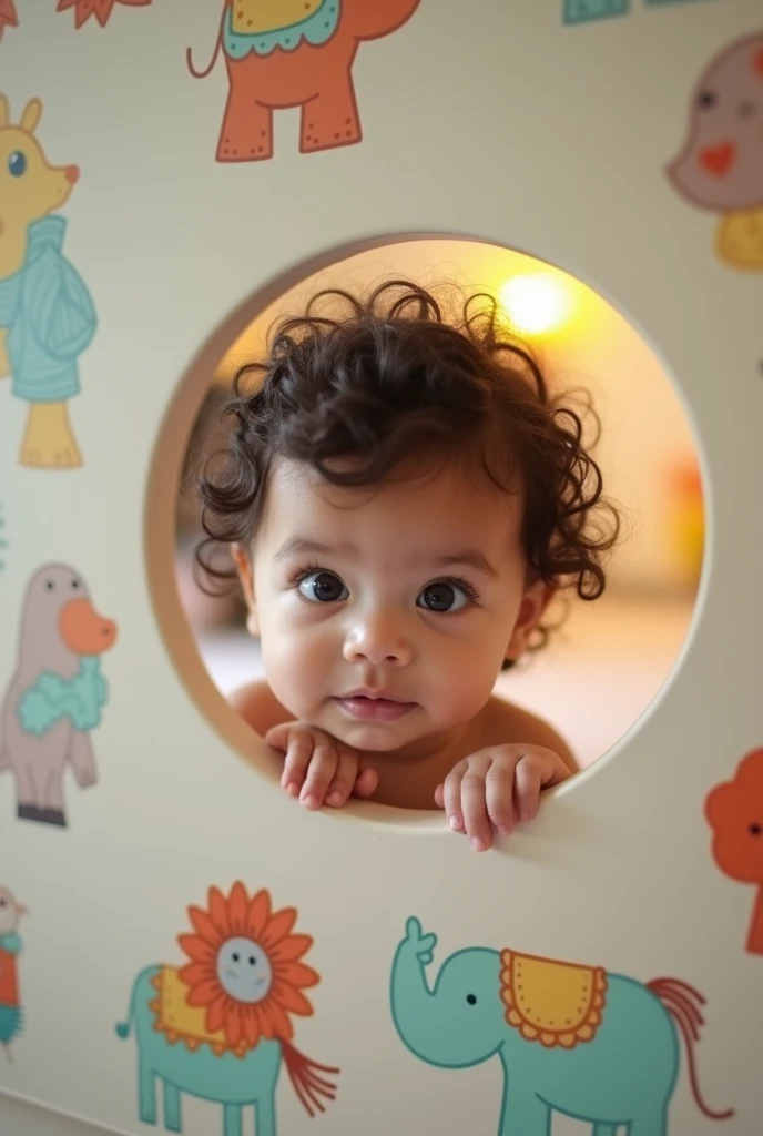 " An adorable 5-month-old baby snooping through a small hole in a wall in a nursery. The baby has curly dark hair ,  large, expressive eyes ,  a curious and tender expression on the face .  The scene is illuminated with soft and warm light ,  reflecting a ...