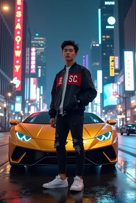  A handsome and smooth faced Korean young man with spiky hair wearing a jacket with an inscription " HSC" and black jeans ripped at the knees and white Converse shoes, The man was standing in the middle of the road smiling and next to him was a gold Lambor...