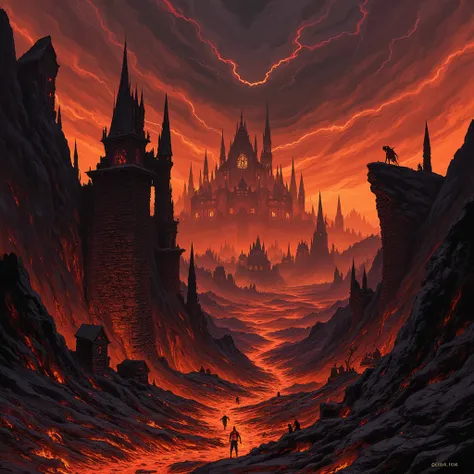 An illustration of a dark and sinister hellscape filled with vivid and disturbing details. The landscape is dominated by jagged black mountains and ruined houses that glow fiery orange, cutting paths through the cracked, obsidian-like ground. Tall stone sp...