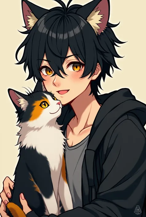  A 25-year-old boy with cat ears looking fantastic black hair black eyes with slightly brown skin,  and that you have a three-colored cat  (white, yellow and black )And that you incorporate the word  "ACT" 