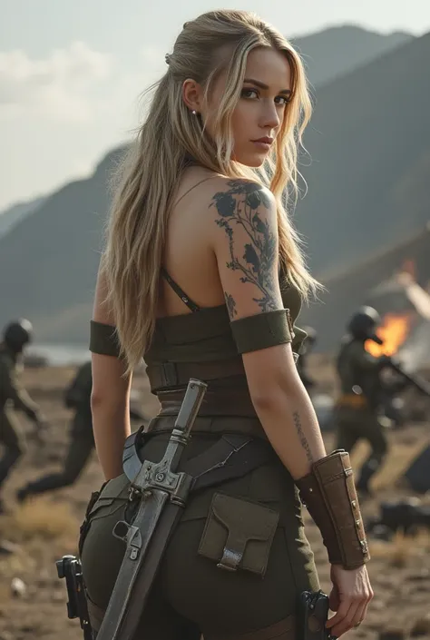 An 18-year-old white girl , blonde, warrior, face of , military clothing, in the war,  with back to the camera 