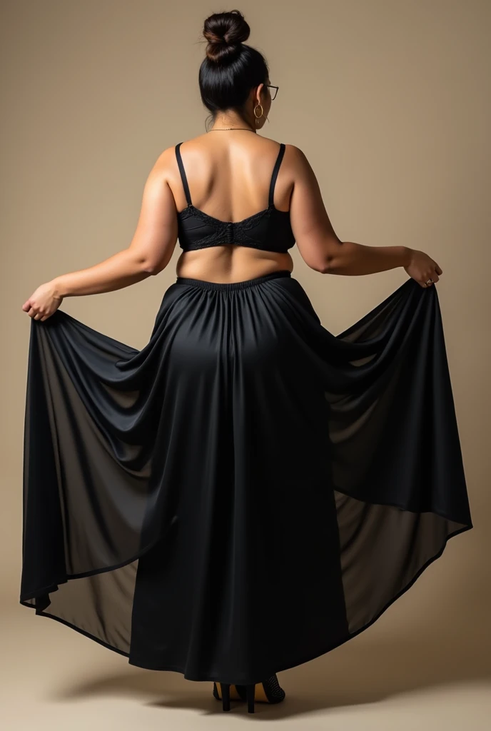 Curvy plus size indian aunty wearing a silky black lehena and black bra is lifting her lehenga up from back side  till mid thighs, holding it with both her hands on both sides. A young guy is sitting on his knees in front of aunty. Auntys hair is tied in a...