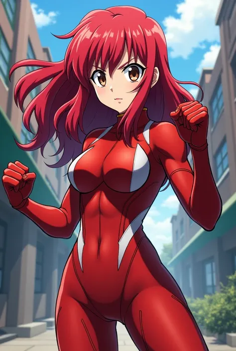  My Hero Academia style ,   anime girl , woman, young woman ,  full body shot ,( Fighting Pose :1.3),Long Hair, Red Hair,   Brown Eyes , hero suit, Full Body Suit,  red suit with white details, perfect anatomy,  Well-trained abdominal muscles , super detai...