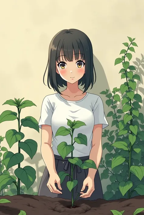 A woman who planted a plant is standing in front of a wall, Chiho , Suishida , Ayaka, Harumi,  Takada Akemi , Nara Michi ,  Yuki Hagure , Akiko Takase, Ray Hiroe,  shiori teshirogi ,   Kojima Amano Ayami ,  Tsugumi Oba 