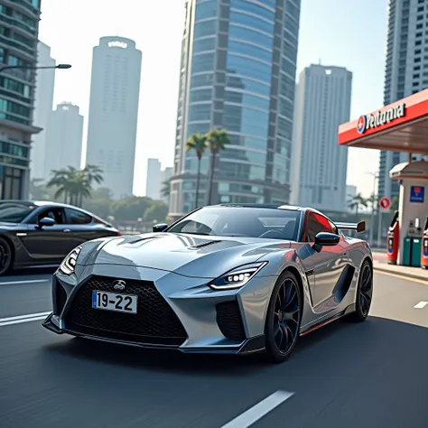  driving silver-colored car,  Very realistic photo   :1.331, black-colored Nissan GT-R :1.5, "19-22"  license plate with text,  Shining Skyscrapers ,  parking in pertamina  , 