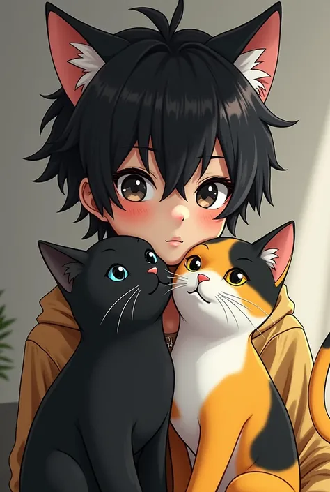  A 25-year-old boy with cat ears with fantastic looks black hair and black eyes a little dark,  and that you have a three-colored cat  (yellow,  black and white ) y dos gatos yellows y que incorpores la palabra ACT