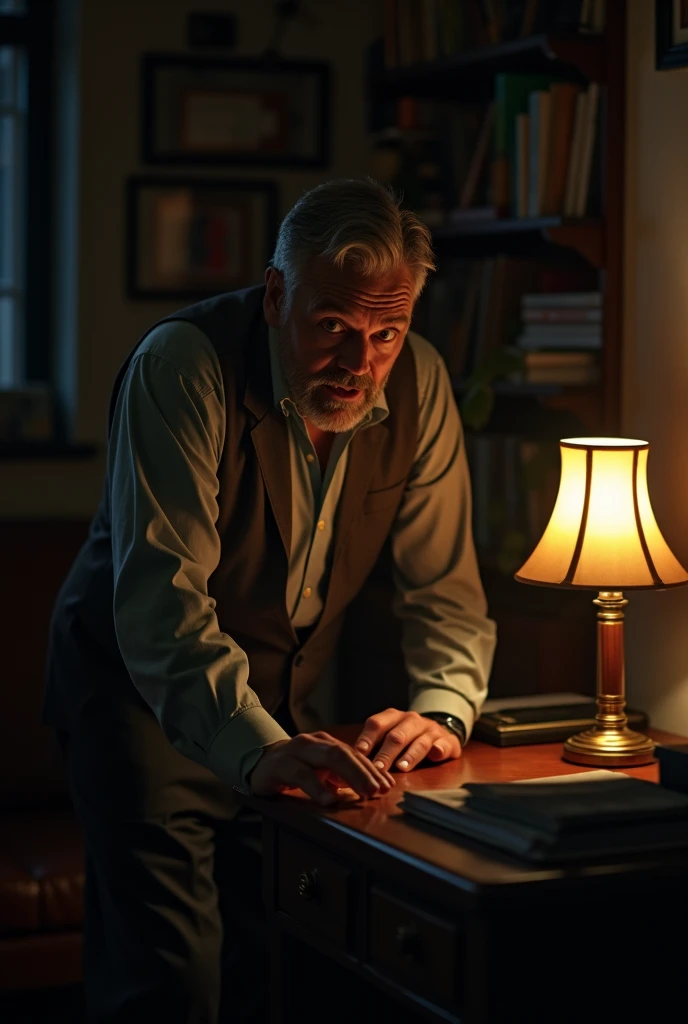 A man placing his table lamp on the table and hears a voice coming from his back (close up) at midnight 