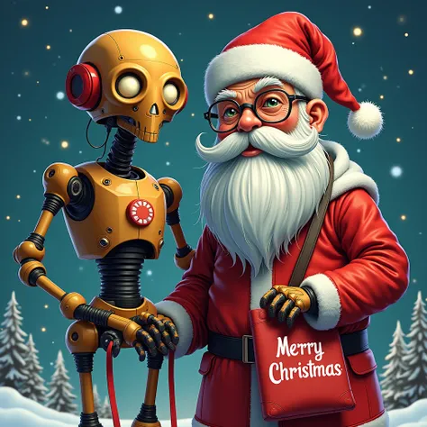 masterpiece,best quality,illustration,style of Alex Grey portrait of christmas grandpa robots with tote bag. add wish "Merry christmas" on the tote bag. and add company name "SecretLines" bottom of the image. 