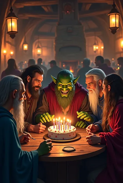 4 sorcerers celebrating the birthday of an orc ,  the orc blows the candles on his birthday cake in a tavern 