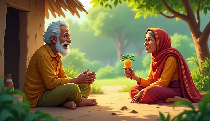 10. अगली सुबह, उसने कहा, "मैं आम का पेड़ लगाऊंगा।"
Prompt: The elderly man excitedly explaining his plan to plant a mango tree to his wife, who looks hopeful. They are sitting outside their hut, with sunlight illuminating the scene