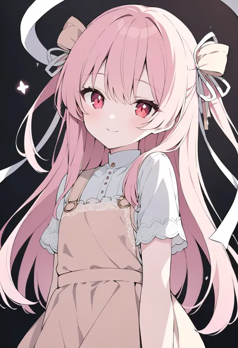  animated style young girls upshot 。 with long straight pale pink hair 、 her crimson eyes give it an impressive and mysterious vibe 。 has a modest smile 、Her expression is gentle yet 、 the overall color palette is soft 。 soft lighting emphasizes her fair s...