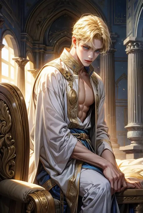 Single,  high resolution ,  blue eyes,  Blonde Hair,  split body lens, Ancient Greek background 、 Son of Apollo、gentle、man、Handsome、25 years old、White ancient Greek costume 、 Blonde Hair上戴月桂冠、ancient greek architecture