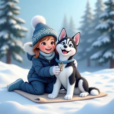 Image is a vibrant, outdoor winter scene featuring a young  and a Siberian Husky. The , with a joyful expression, has fair skin and is dressed in a dark blue snowsuit with white mittens and a matching hat adorned with a decorative white pattern. The  is si...