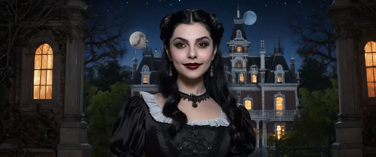 Dark night,  Starry Sky,  full moon in the background , In the foreground a white vampire with straight black hair ,  beautiful and expressive light brown reddish amber eyes,  vampire teeth , Haunted mansion in the background ,  smiling cynical , Dark face...