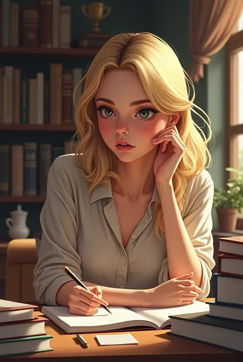 Young blond woman studying 