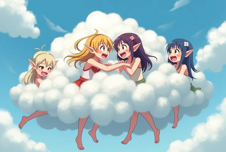 An anime-style art depicting many elf-girls playfully wrestling with each other inside a  comical fight cloud(fairytale cloud).
each elf-girl has different  colored hair.
their faces,hands,and feet are visible emerging from the cloud as they tussle humorou...