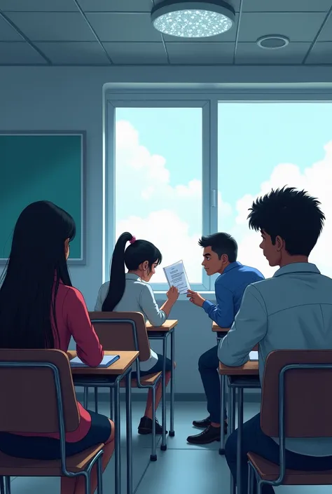 Prompt1 - A visual novel style image of a futuristic classroom. The classroom is empty except for four students seated at their desks. Arjun(calm,with a report in hand), Ananya(frustrated,head in her hands, Priya( confident,arms crossed) and the main Main ...