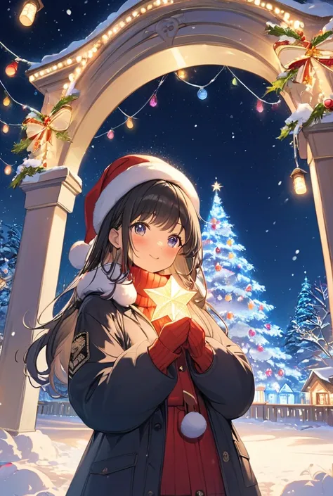 1girl,　dark skin,　Christmas,　

masterpiece, best quality, ultra detailed, highres, 4k, 8k, extremely detailed CG,

christmas lights, snowy night, colorful decorations, glowing trees, festive atmosphere,

a grand mansion adorned with golden Christmas lights...