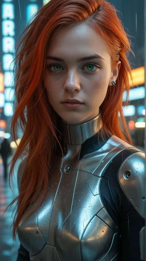 A dynamic depiction of a 23-year-old redhead woman with fiery hair and piercing green eyes, wearing a futuristic metallic outfit, standing in a neon-lit cyberpunk city with holographic advertisements and rain-soaked streets, an atmosphere of mystery and in...